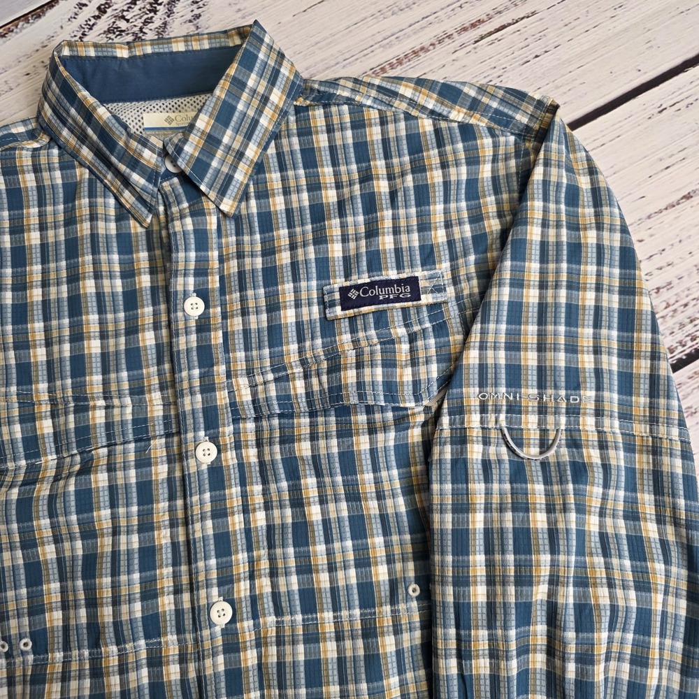 Columbia Super Low Drag Small Long Sleeve Roll Tab Button Up Fishing Green Plaid